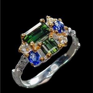Genuine Green Tourmaline, Sapphire & Topaz one of a kind ring